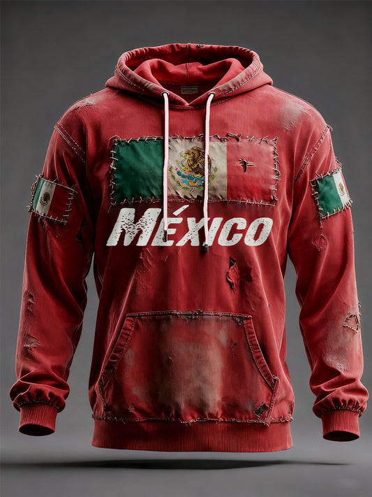 Hombres Vintage Mexican Flag Patchwork Print Casual Hoodie