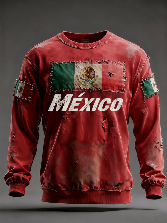 Hombres Vintage Mexican Flag Patchwork Imprimir Casual Sudadera