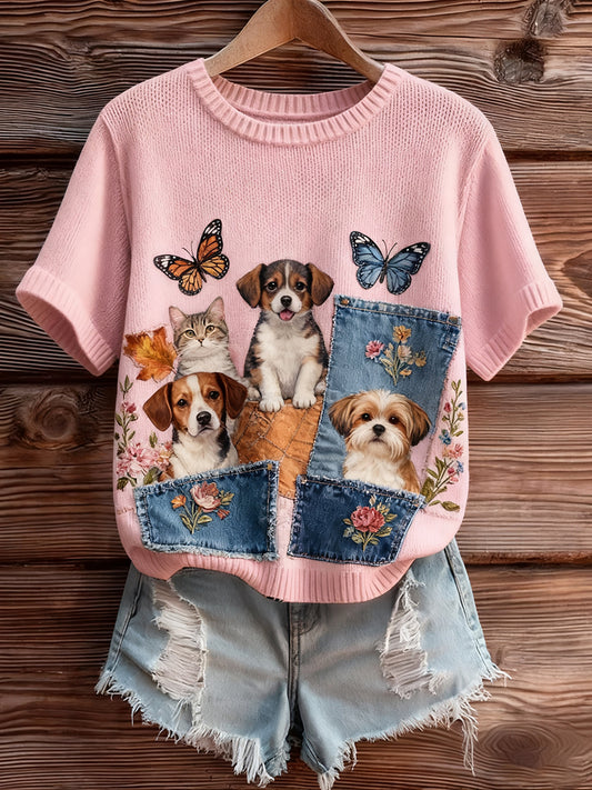Mujer Artístico Estampado Animal Cómodo Punto Manga Corta Top