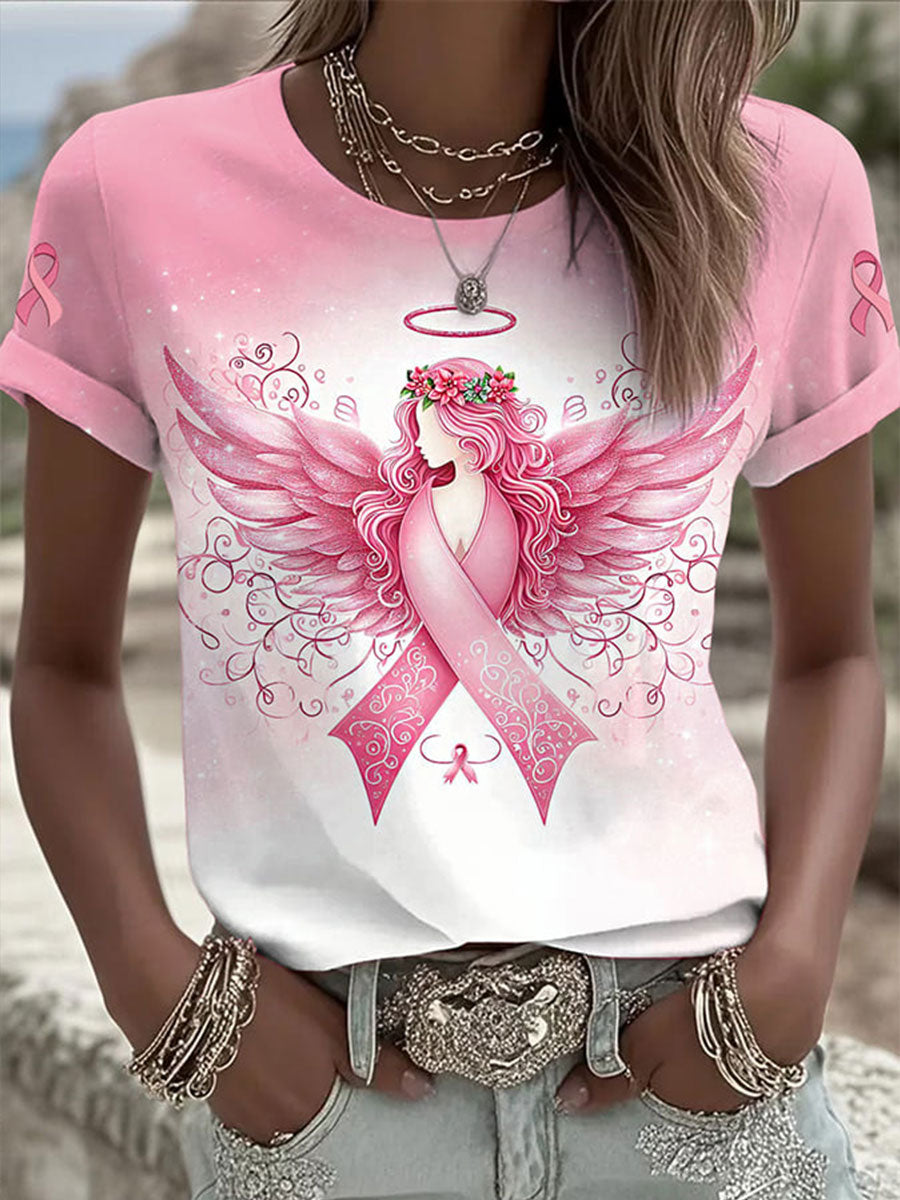 Camiseta de cuello redondo con estampado de conciencia de cáncer de mama para mujer