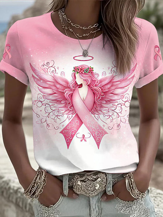 Camiseta de cuello redondo con estampado de conciencia de cáncer de mama para mujer