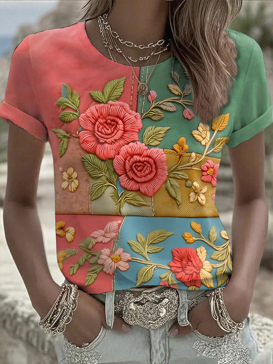 Camiseta de manga corta floral de arte retro para mujer