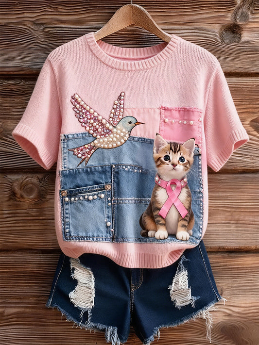 Mujer Artístico Estampado Animal Cómodo Punto Manga Corta Top