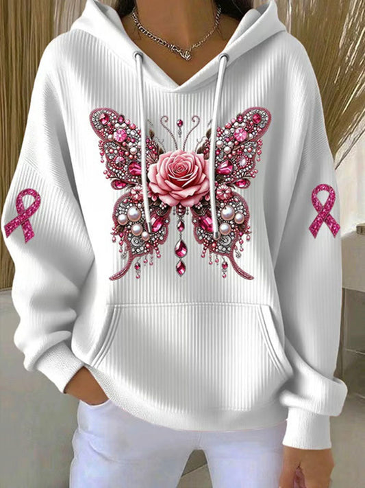 Conciencia del cáncer de mama de las mujeres Pink Butterfly Print Casual Sudadera