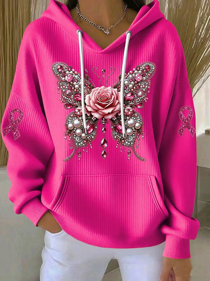 Conciencia del cáncer de mama de las mujeres Pink Butterfly Print Casual Sudadera