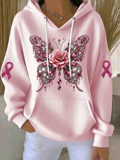 Conciencia del cáncer de mama de las mujeres Pink Butterfly Print Casual Sudadera