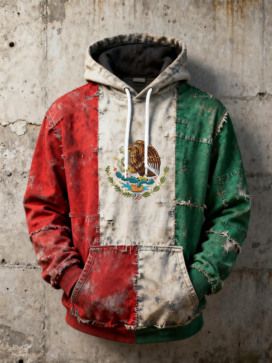 Hombres Vintage Mexican Flag Patchwork Print Casual Hoodie