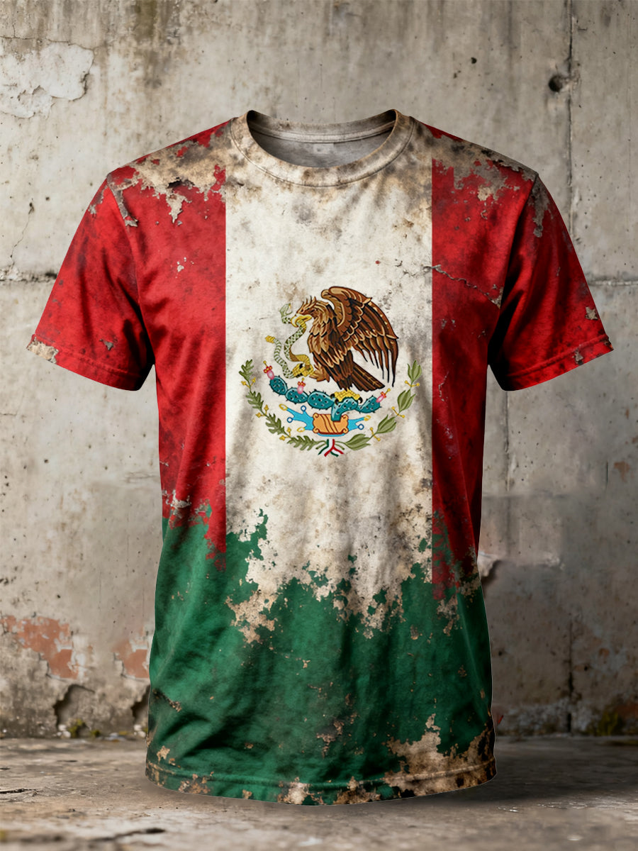 Camiseta casual con estampado de bandera mexicana vintage para hombre