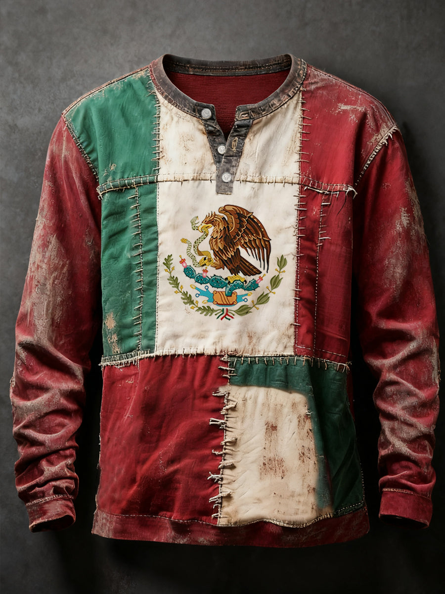 Hombre Vintage Mexican Flag Print Casual Botones Manga Larga Top