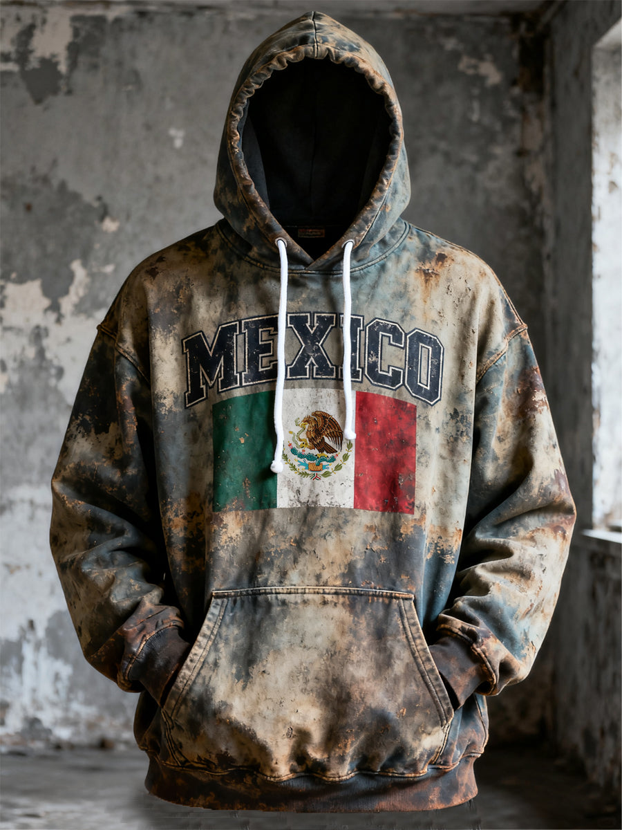 Hombres Vintage Mexican Flag Print Casual Hoodie
