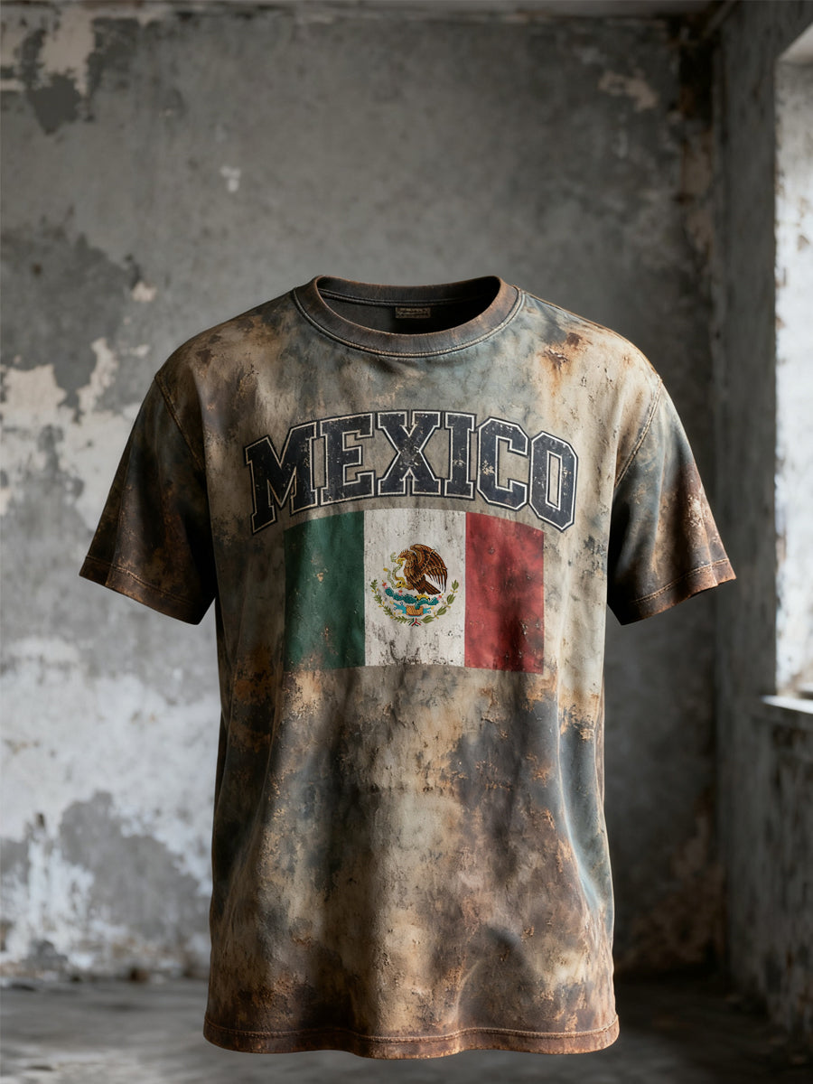 Camiseta casual con estampado de bandera mexicana vintage para hombre