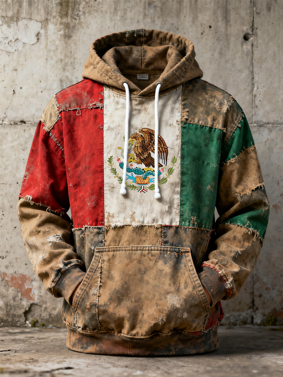 Hombres Vintage Mexican Flag Patchwork Print Casual Hoodie