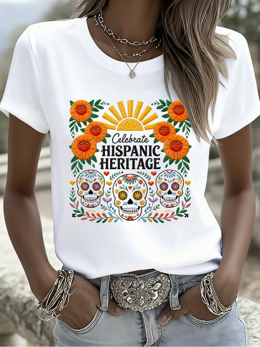 Camiseta casual de manga corta retro mexicana del día de los muertos para mujer