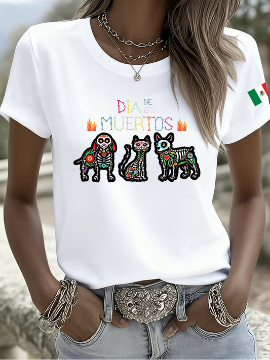 Camiseta casual de manga corta retro mexicana del día de los muertos para mujer