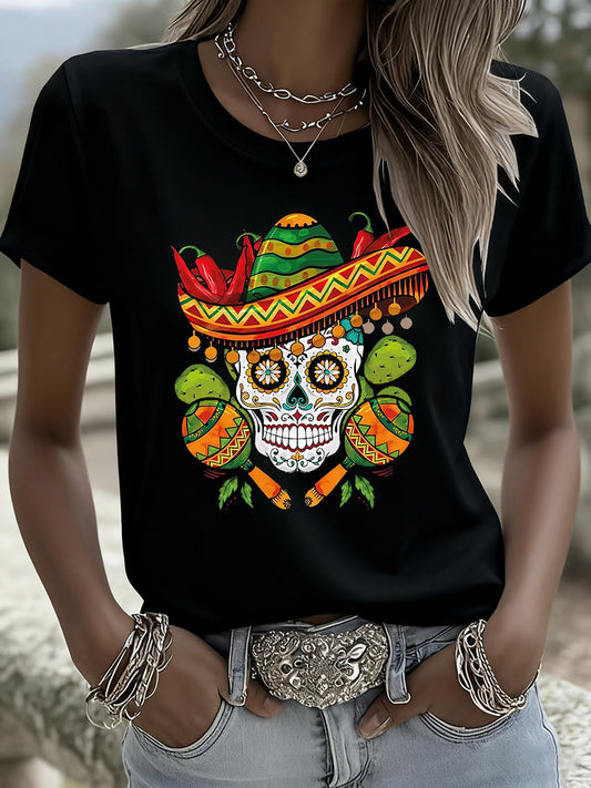Camiseta casual de manga corta retro mexicana del día de los muertos para mujer