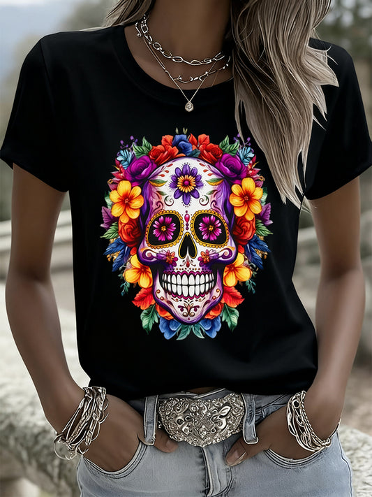 Camiseta casual de manga corta retro mexicana del día de los muertos para mujer