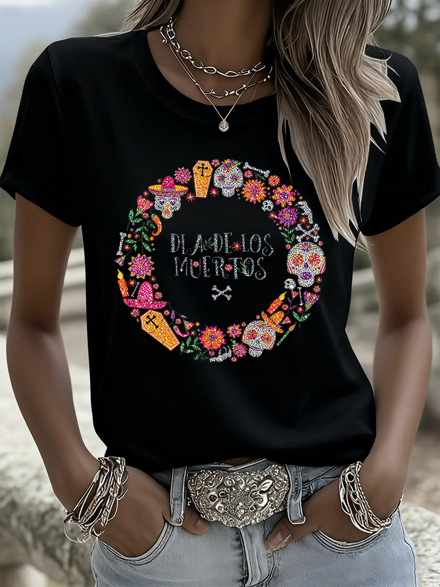 Camiseta casual de manga corta retro mexicana del día de los muertos para mujer