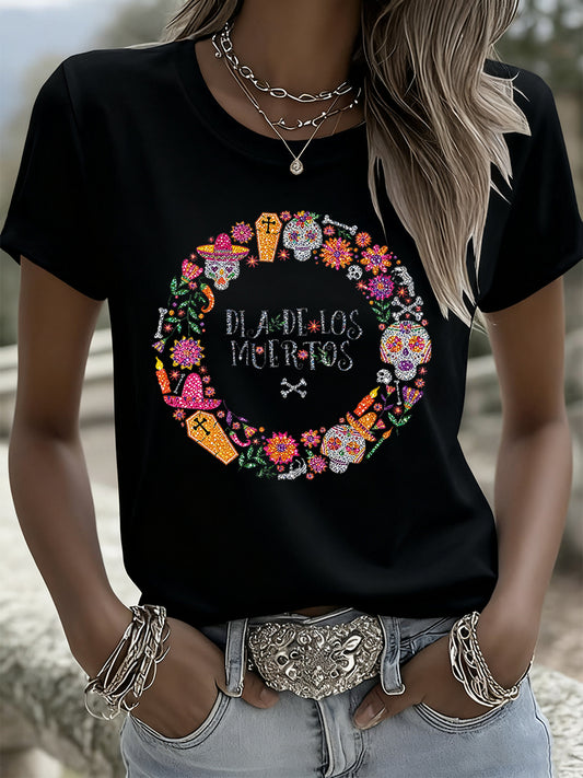 Camiseta casual de manga corta retro mexicana del día de los muertos para mujer