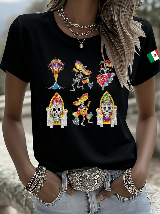 Camiseta casual de manga corta retro mexicana del día de los muertos para mujer