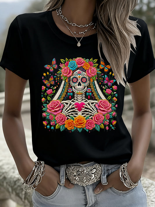 Camiseta casual de manga corta retro mexicana del día de los muertos para mujer