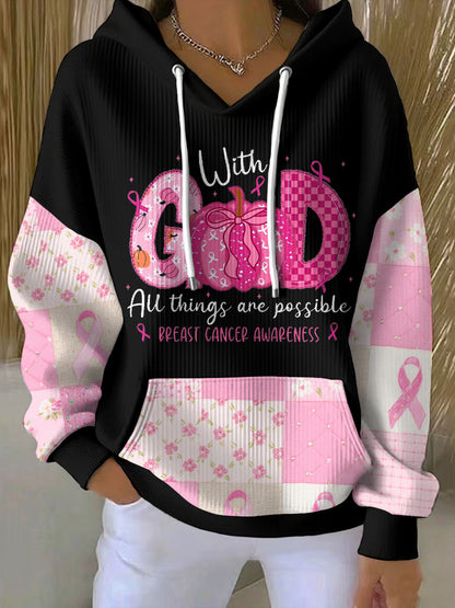 Sudadera con capucha impresa floral de la conciencia del cáncer de pecho de las mujeres
