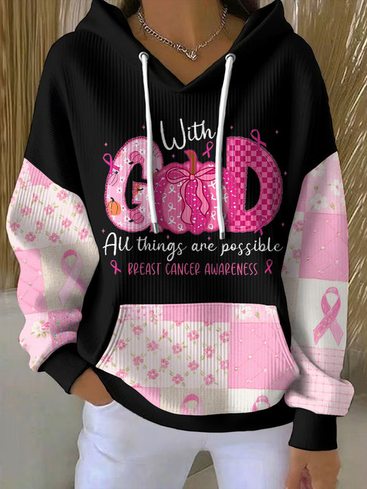 Sudadera con capucha impresa floral de la conciencia del cáncer de pecho de las mujeres