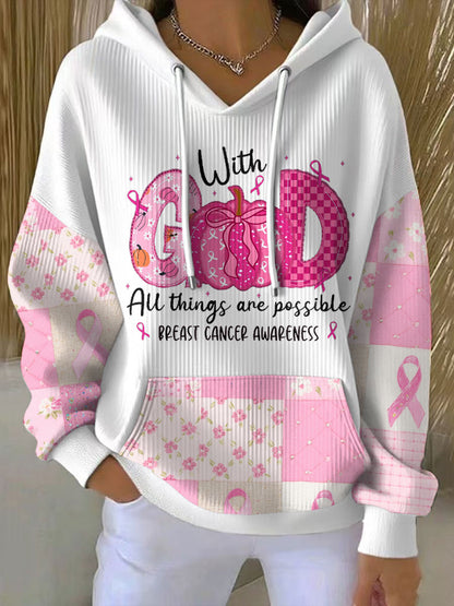 Sudadera con capucha impresa floral de la conciencia del cáncer de pecho de las mujeres