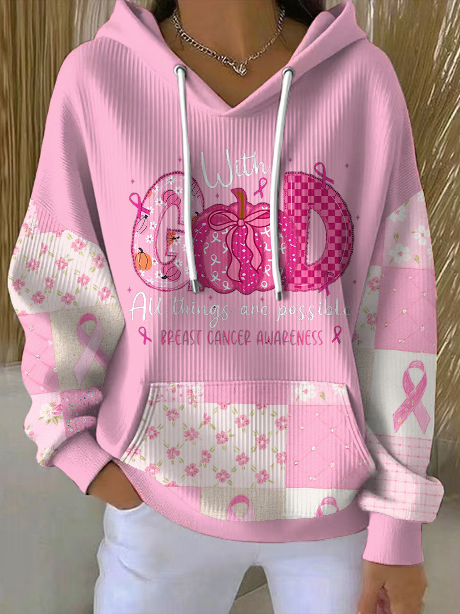 Sudadera con capucha impresa floral de la conciencia del cáncer de pecho de las mujeres