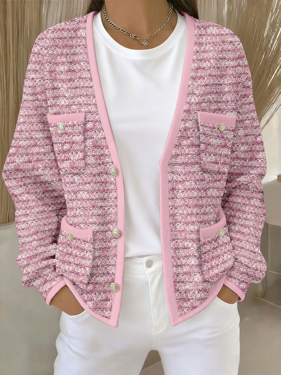 Cardigans de bolsillo con estampado geométrico rosa para mujer