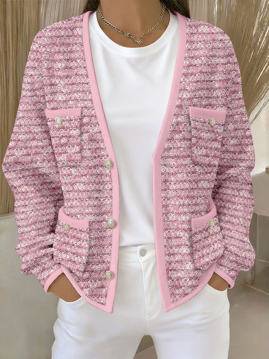 Cardigans de bolsillo con estampado geométrico rosa para mujer