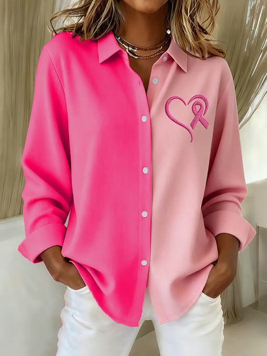 Conciencia del cáncer de mama de las mujeres Pink Ribbon Print Casual Camisa