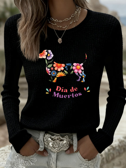Suéter conmemorativo con estampado animal del día de los muertos para mujer