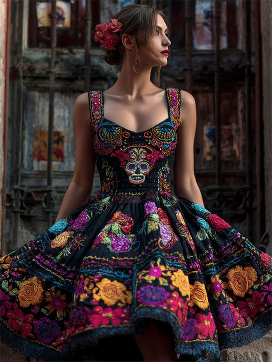 Vestido con estampado floral para mujer del día de los muertos