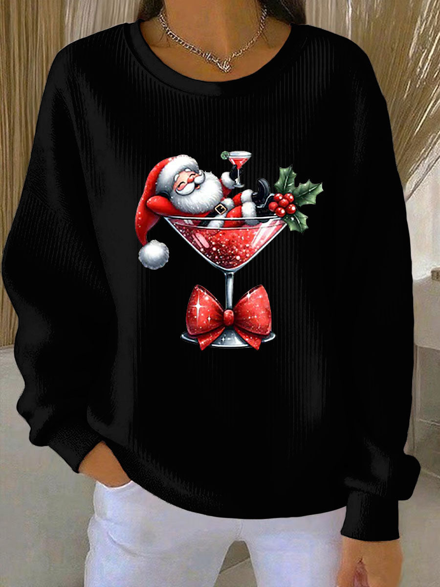 Santa Claus impreso acanalado cuello redondo de las mujeres sudadera