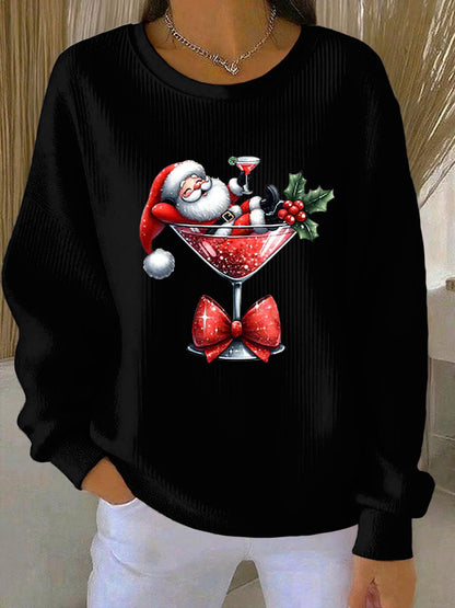 Santa Claus impreso acanalado cuello redondo de las mujeres sudadera