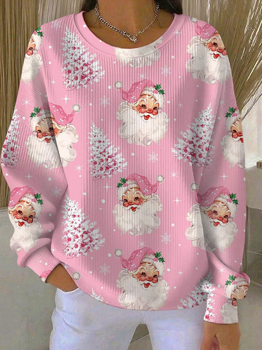 Sudadera con cuello redondo acanalado estampado Santa Claus árbol de Navidad para mujer