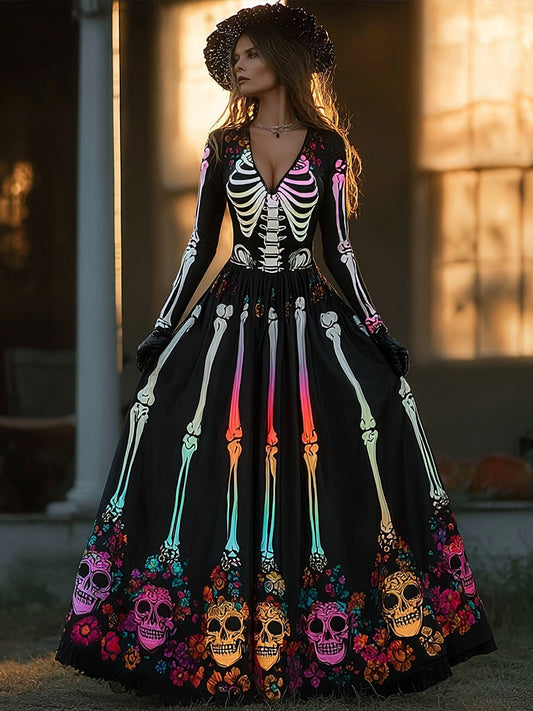 Vestido con cuello en V esqueleto de día de los muertos para mujer