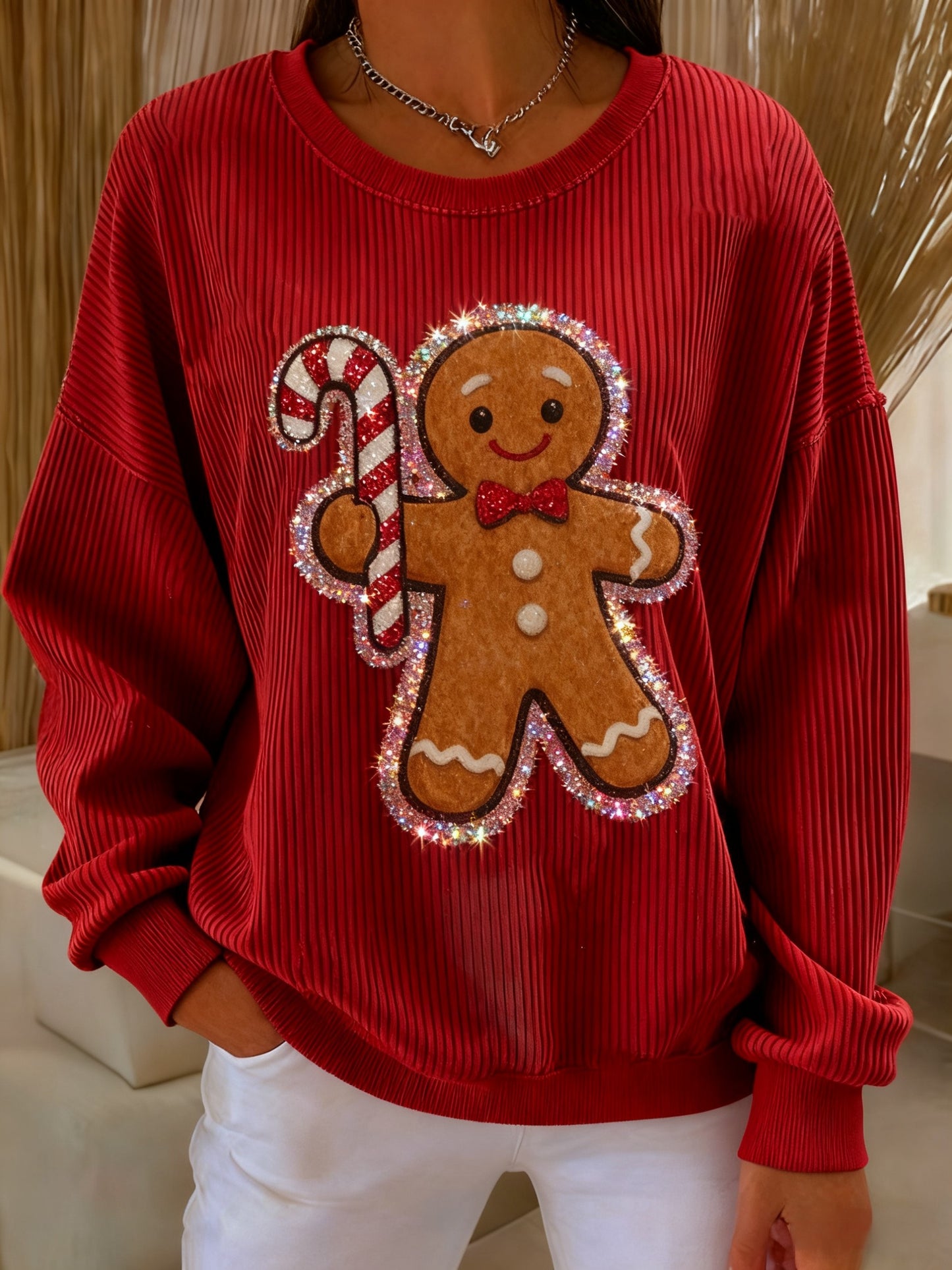 Vintage Christmas Gingerbread Man Sequins Loose Sudadera de manga larga