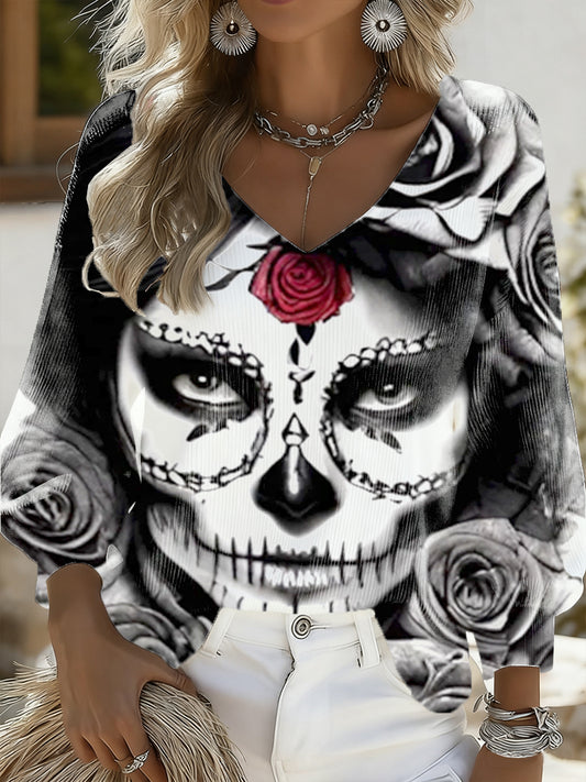 Top de manga larga casual retro mexicano del día de los muertos para mujer