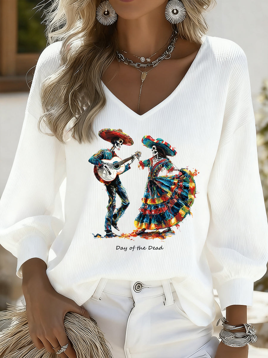 Top de manga larga casual retro mexicano del día de los muertos para mujer