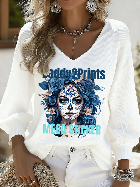 Top de manga larga casual retro mexicano del día de los muertos para mujer