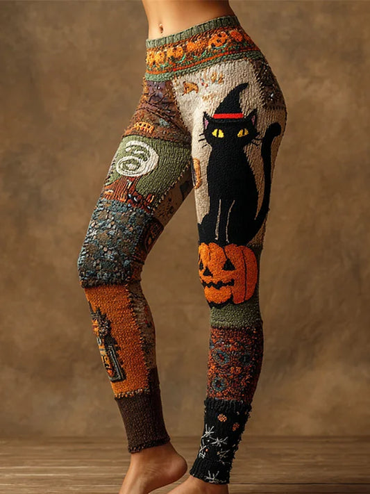 Las mujeres de Halloween gato negro y calabaza patchwork arte polainas