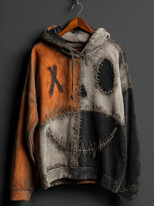 Hombres Halloween Pumpkin Face Colorblock Patchwork Hoodie