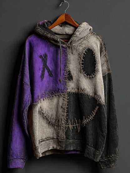Hombres Halloween Pumpkin Face Colorblock Patchwork Hoodie