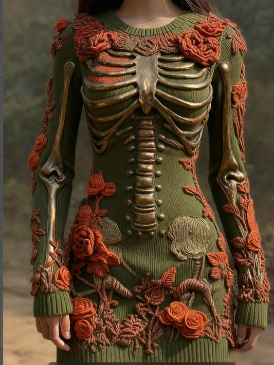 Vestido de punto floral retro del cráneo de Halloween de las mujeres