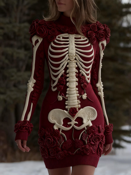 Vestido de punto floral retro del cráneo de Halloween de las mujeres