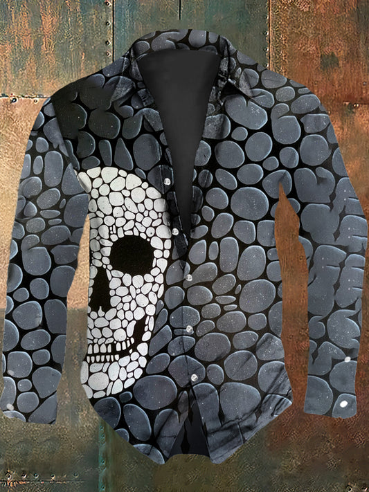 Hombres Retro Halloween Party Patchwork Skull Abstract Print Casual Camisa de manga larga
