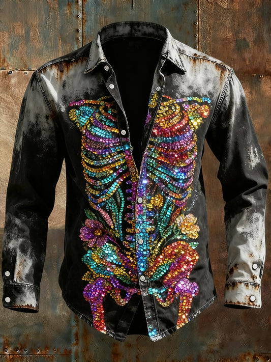 Retro punk Halloween sequined multicolor cráneo esqueleto abstracto impresión casual camisa de manga larga
