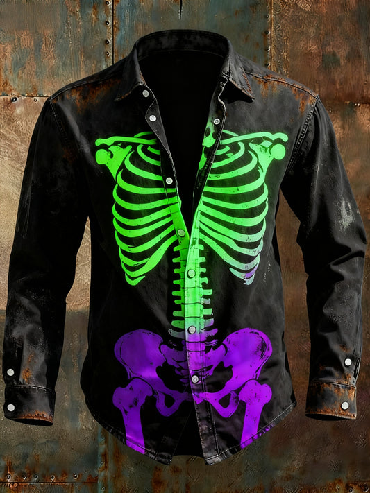 Hombres Retro Punk Halloween Skull Skeleton Abstract Print Casual Camisa de manga larga