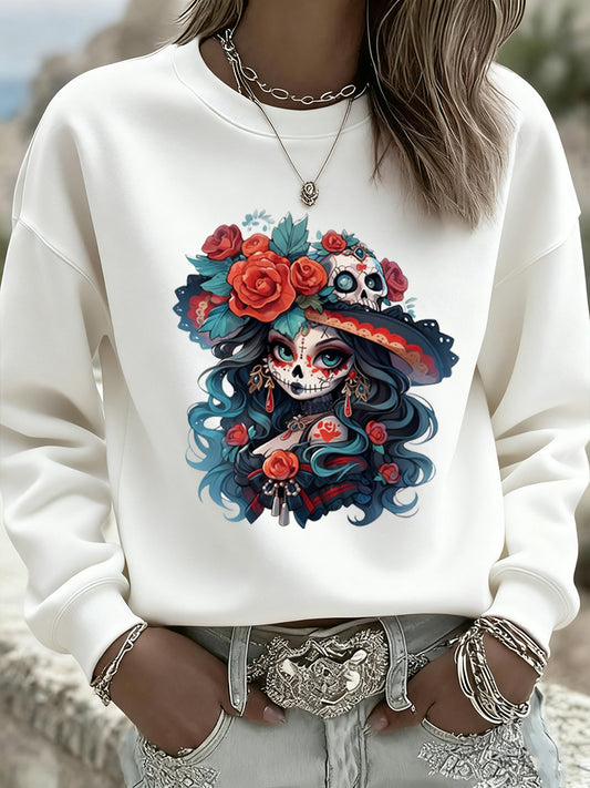 De las mujeres Mexicanas Día De Los Muertos de La Vendimia Moda Casual Cuello Redondo Manga Larga Sudadera